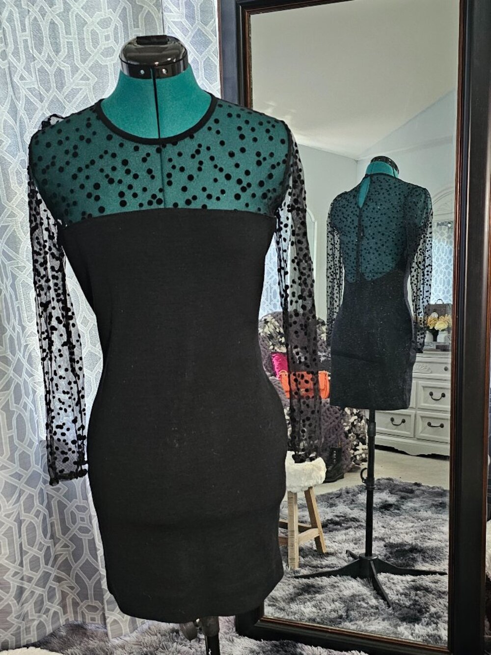 Andrea Jovine Black Wool Dress with Teal Polka‑Dot Mesh Top – Size M